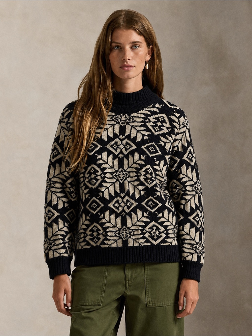 Ralph Lauren Hand Knit Worsted Wool Turtleneck Fair Isle Pattern Gray M  *V